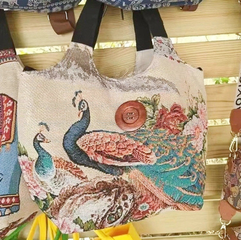 Women's Large Canvas Elephant Ethnic Style Square Zipper Shoulder Bag