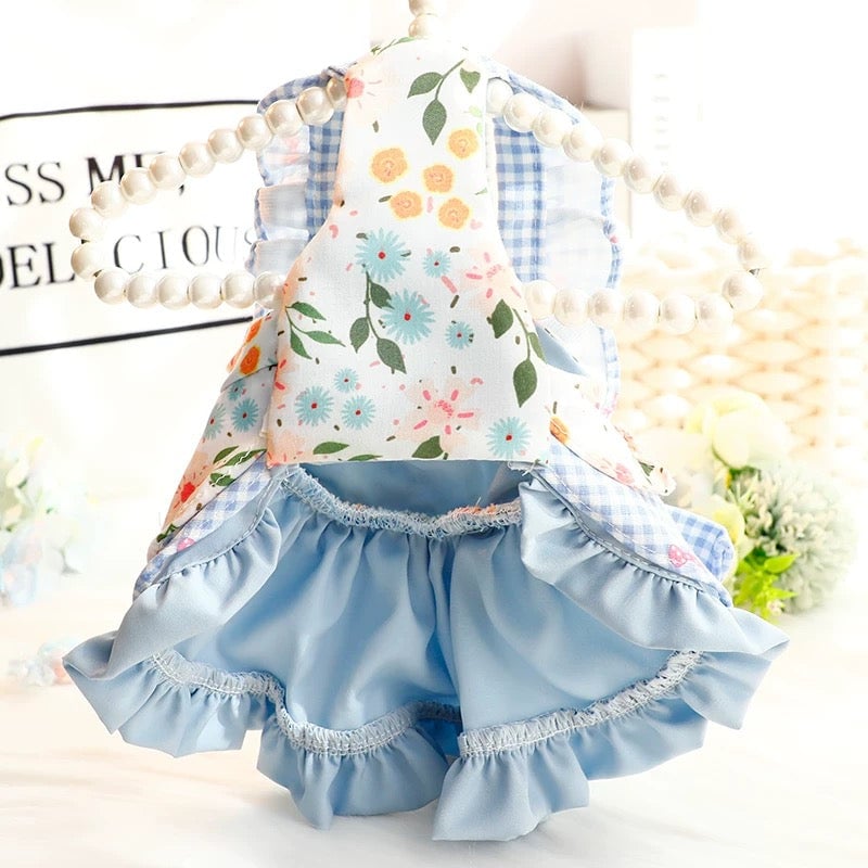 Floral Plaid Ruffled Dog Cat Dress Harness
