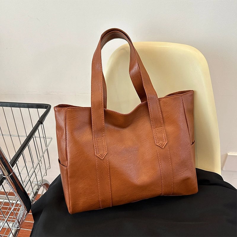 Women's Large Pu Leather Solid Color Classic Style Square Zipper Tote Bag