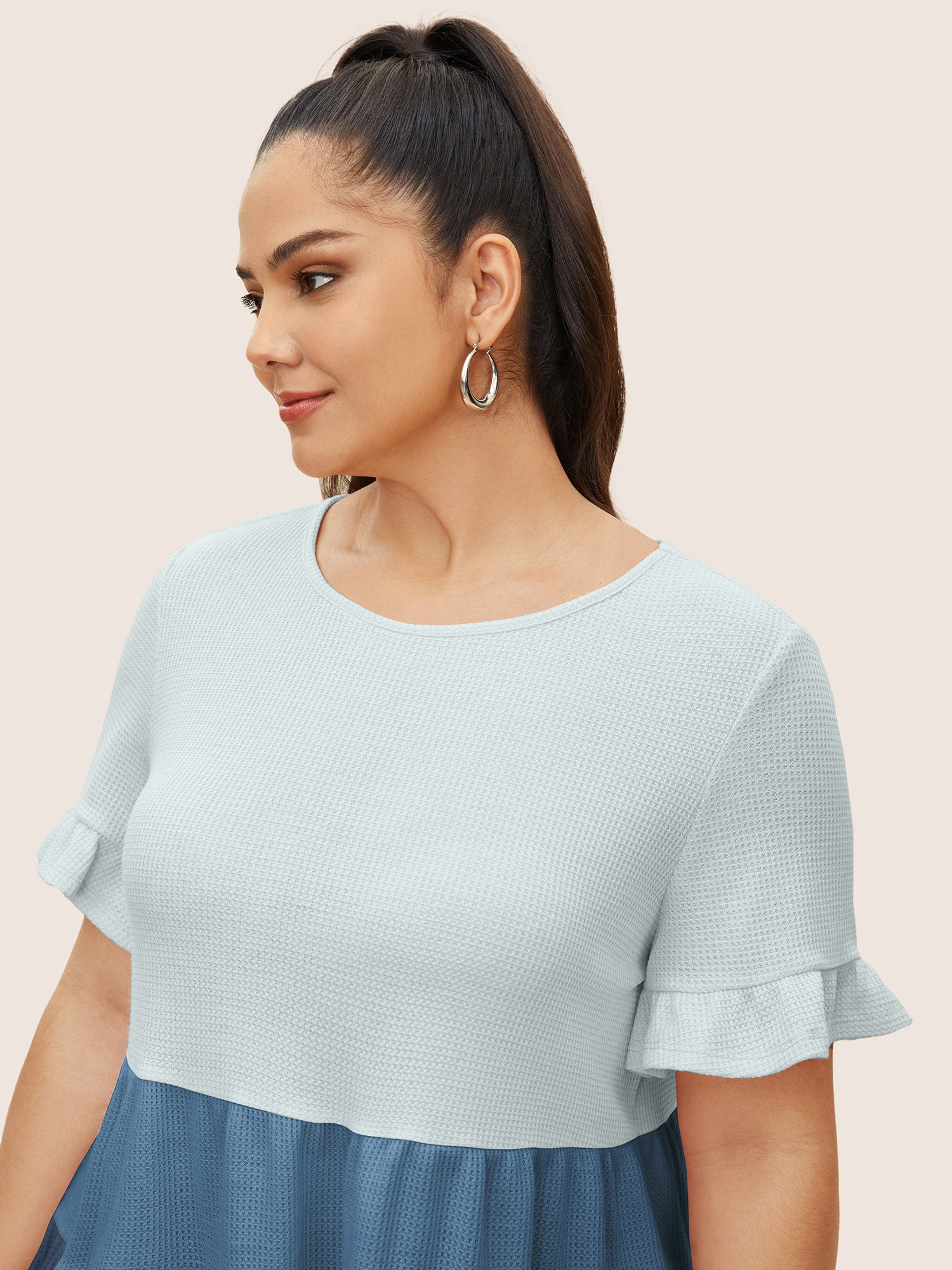 Waffle Knit Contrast Ruffle Layered Hem T-shirt