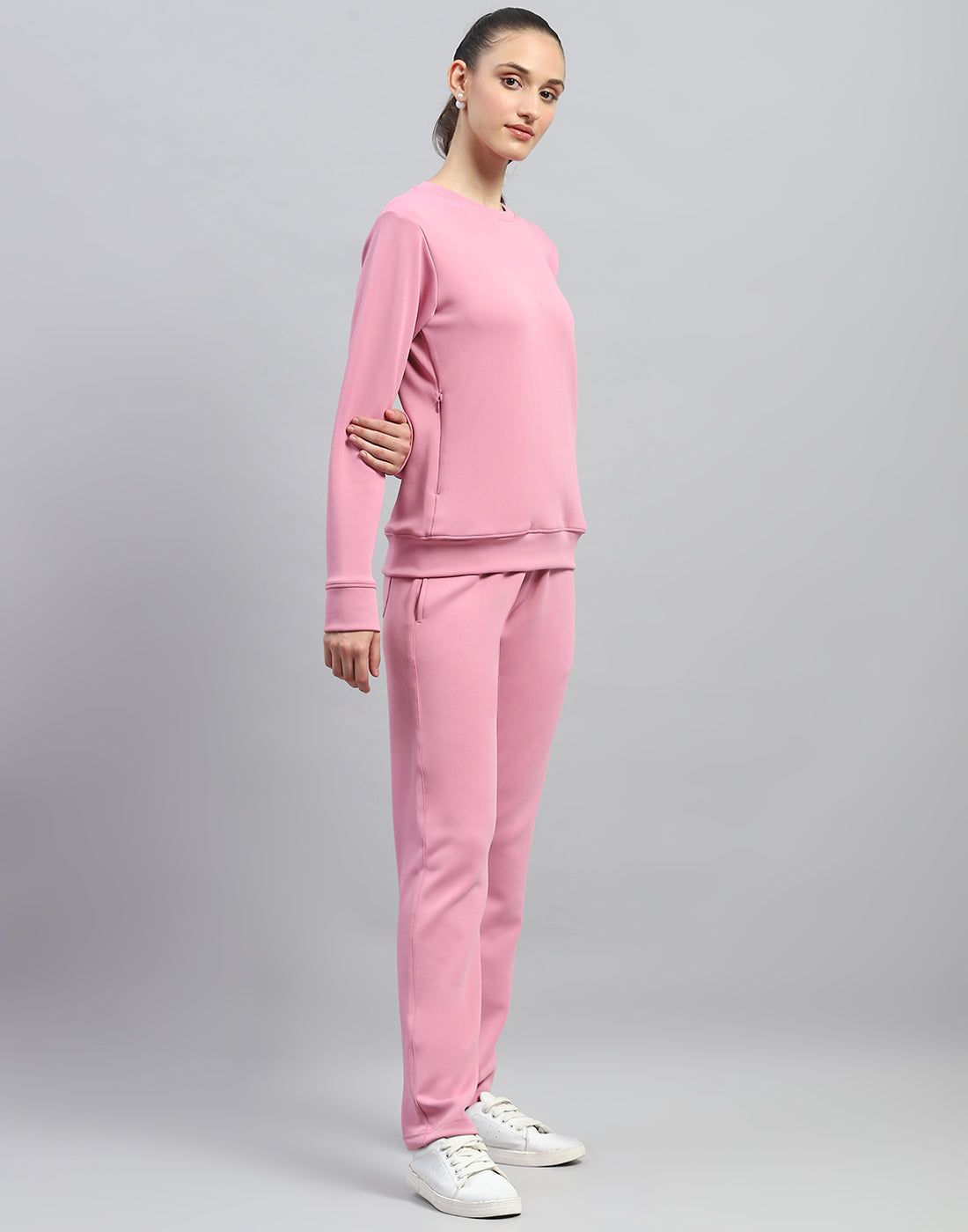 Women Pink Solid Round Neck Full Sleeve Tracksuit