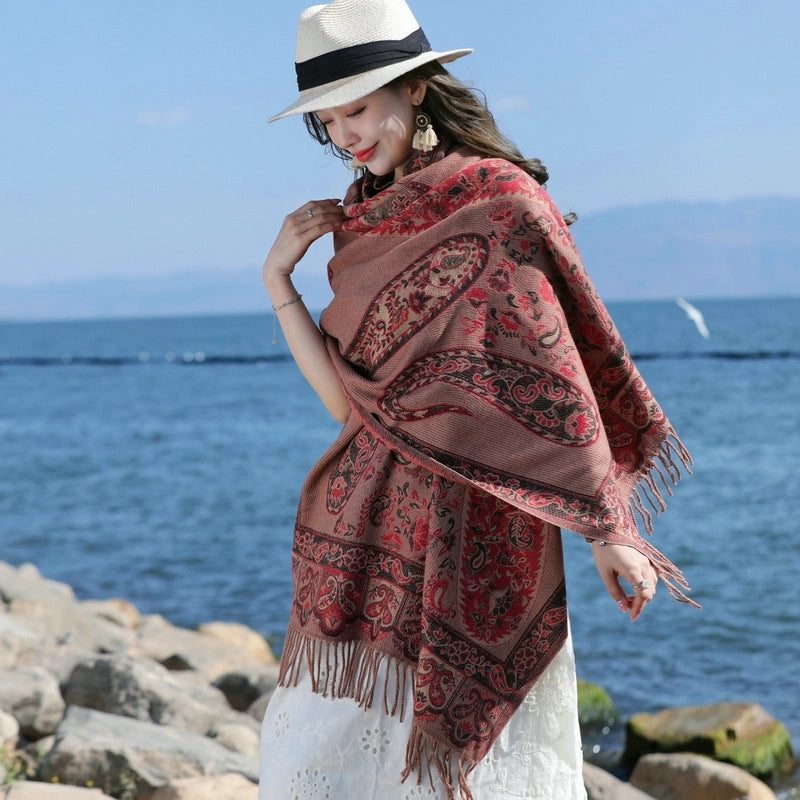 Red Ethnic Style Cashew Scarf Women's  Winter Thickened Shawl Travel Air Conditioning Blanket Scarf Cape
