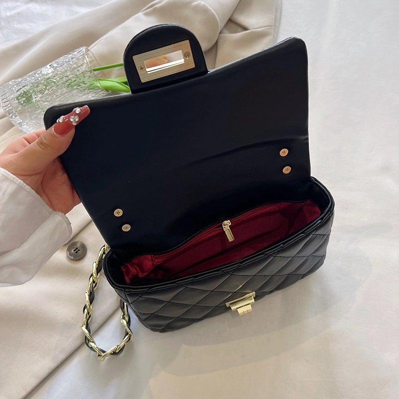 Women's Pu Leather Lingge Elegant Sewing Thread Square Flip Cover Shoulder Bag Crossbody Bag