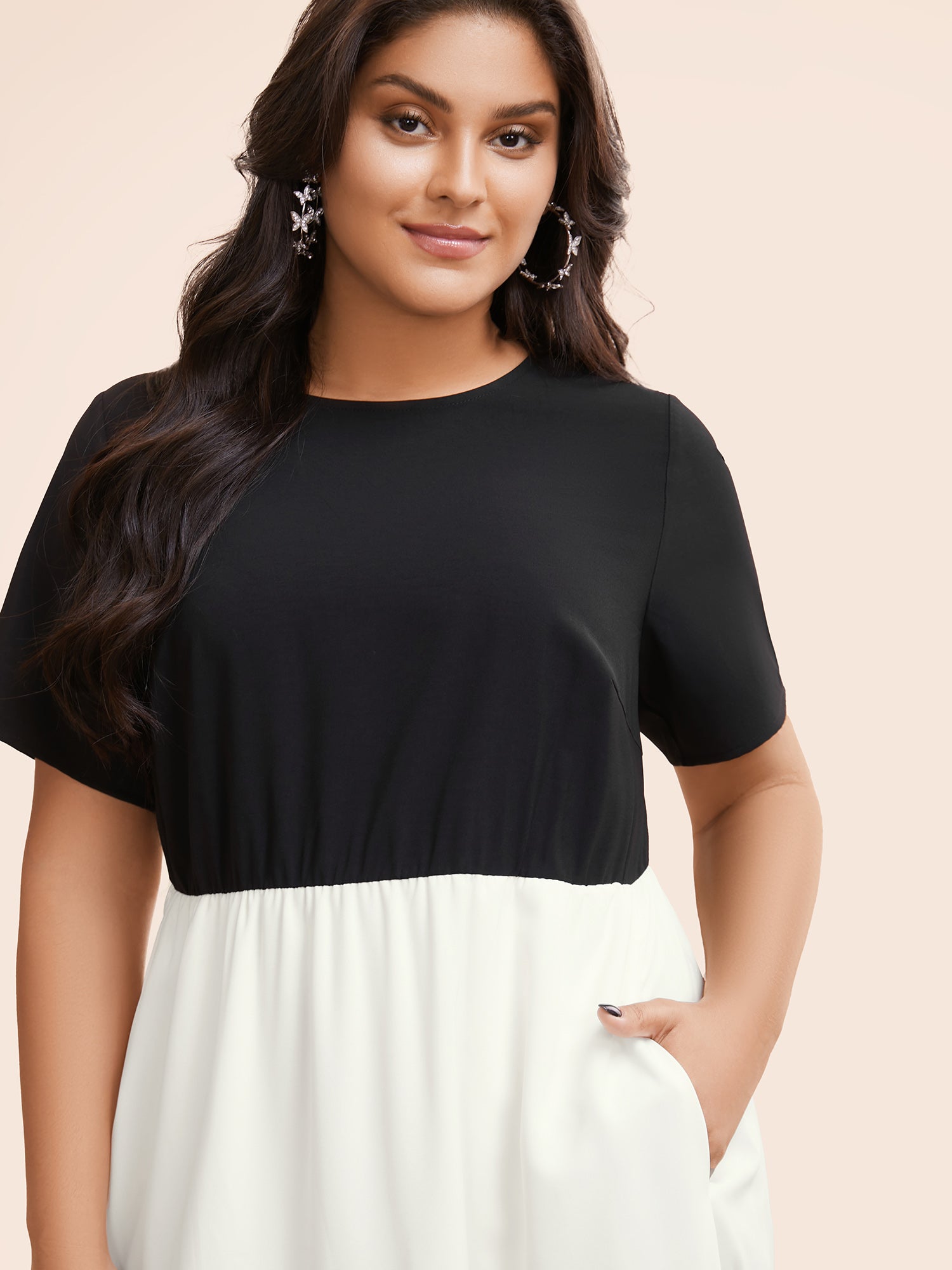 Contrast Belted Pocket Layered Hem Dolman Sleeve Dress