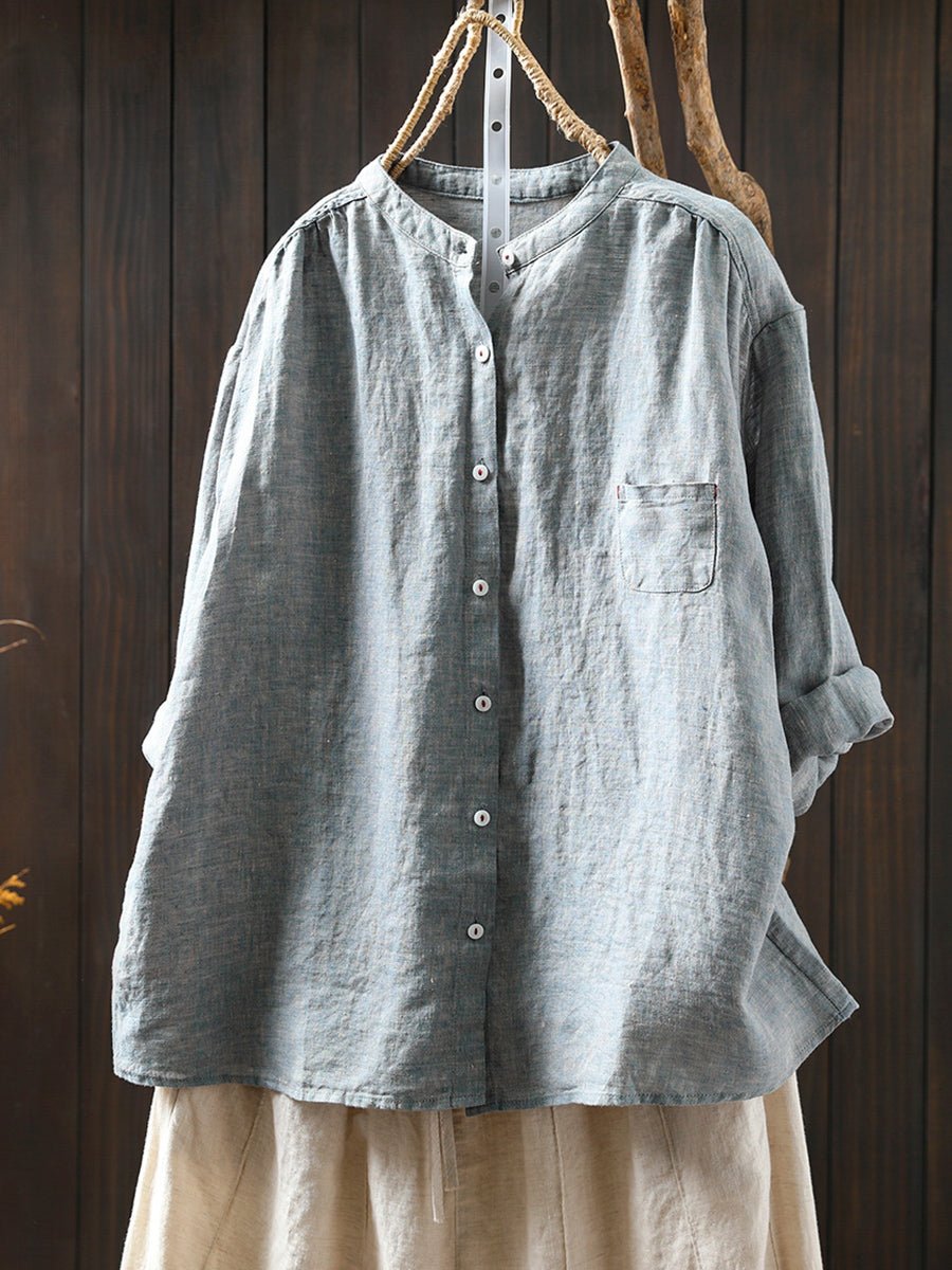 Women Summer Pure Color Stand Collar 100%Linen Shirt