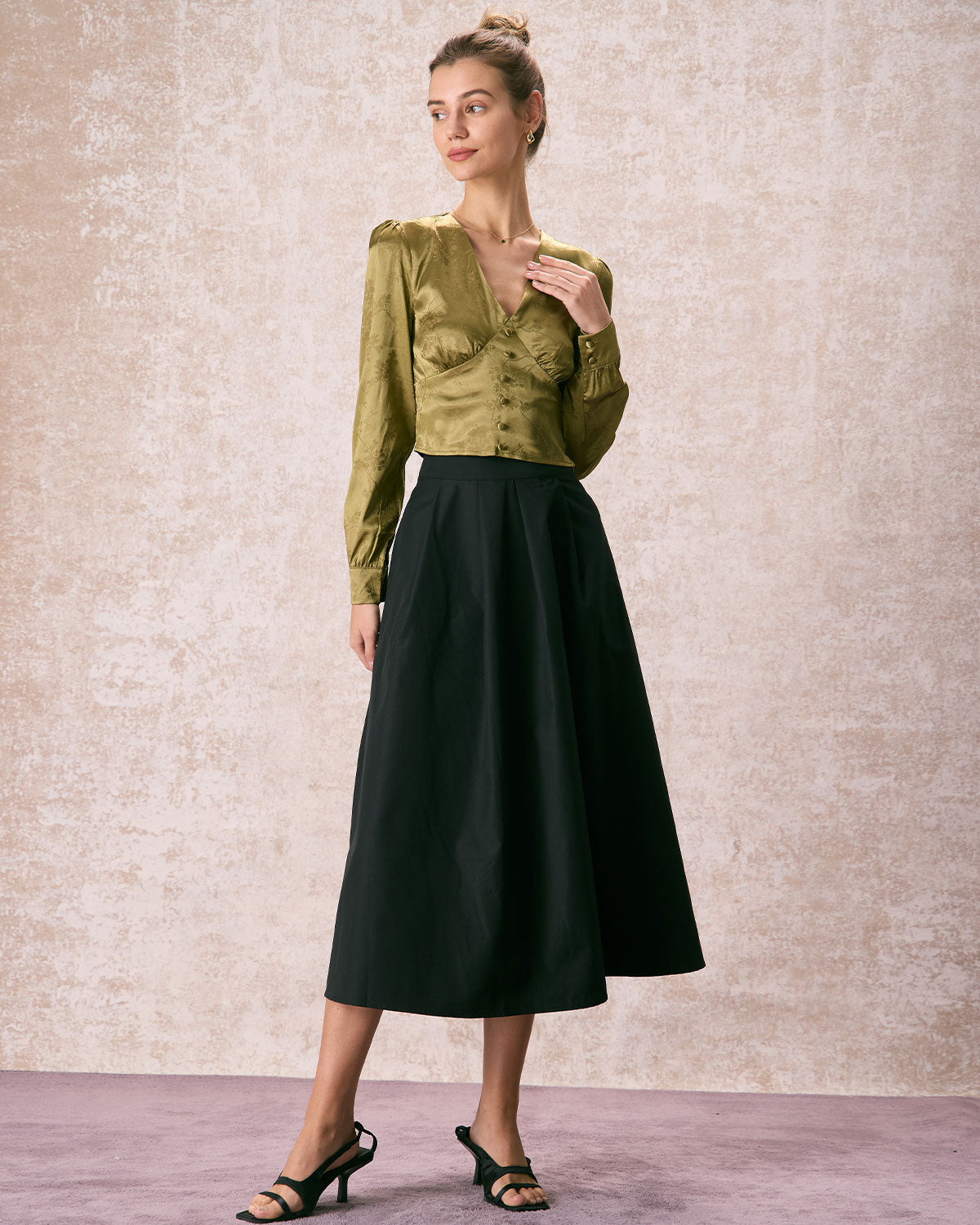 The Green V Neck Jacquard Satin Blouse