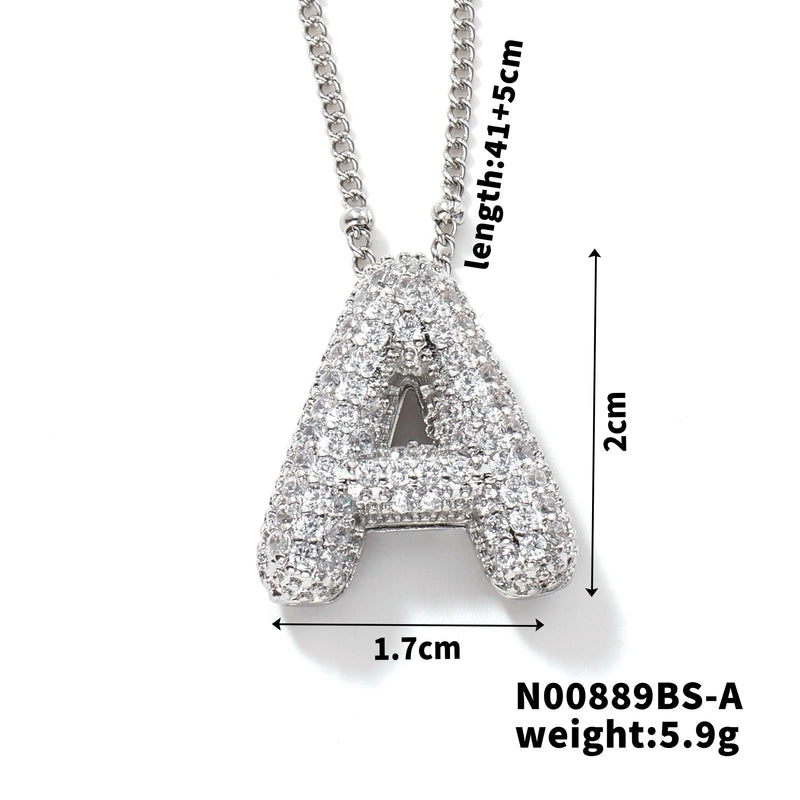304 Stainless Steel Copper Rhodium Plated Three-dimensional Inlay Letter Zircon Pendant Necklace