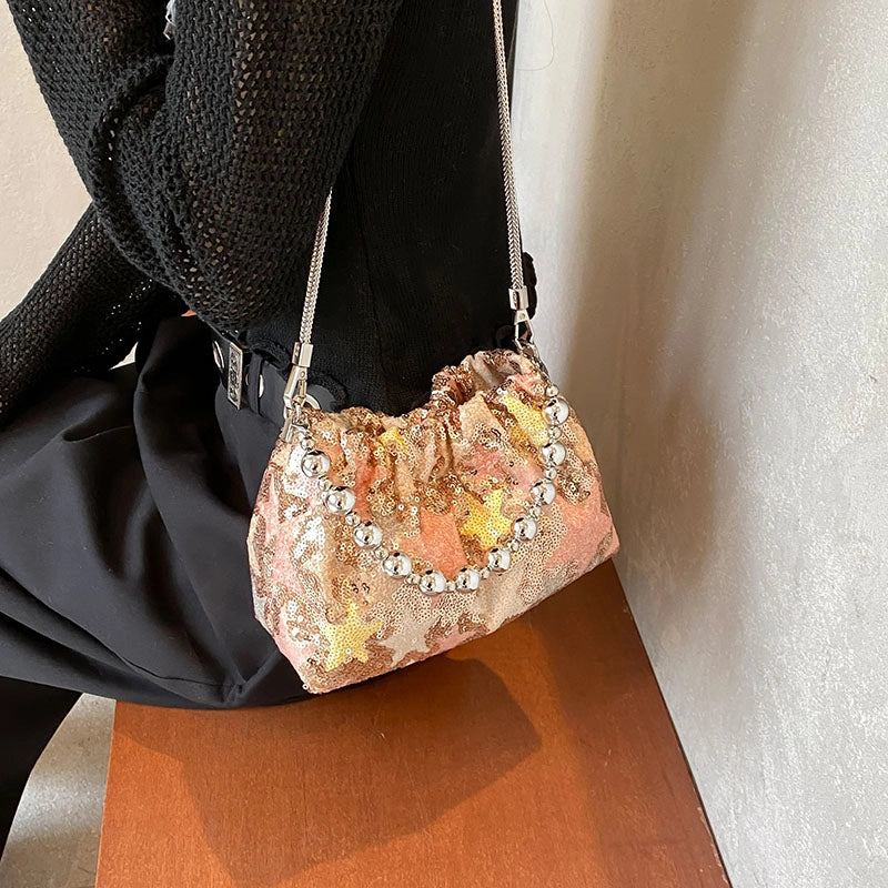 Women's Medium Pu Leather Flower Classic Style Sequins Bucket Magnetic Buckle Crossbody Bag