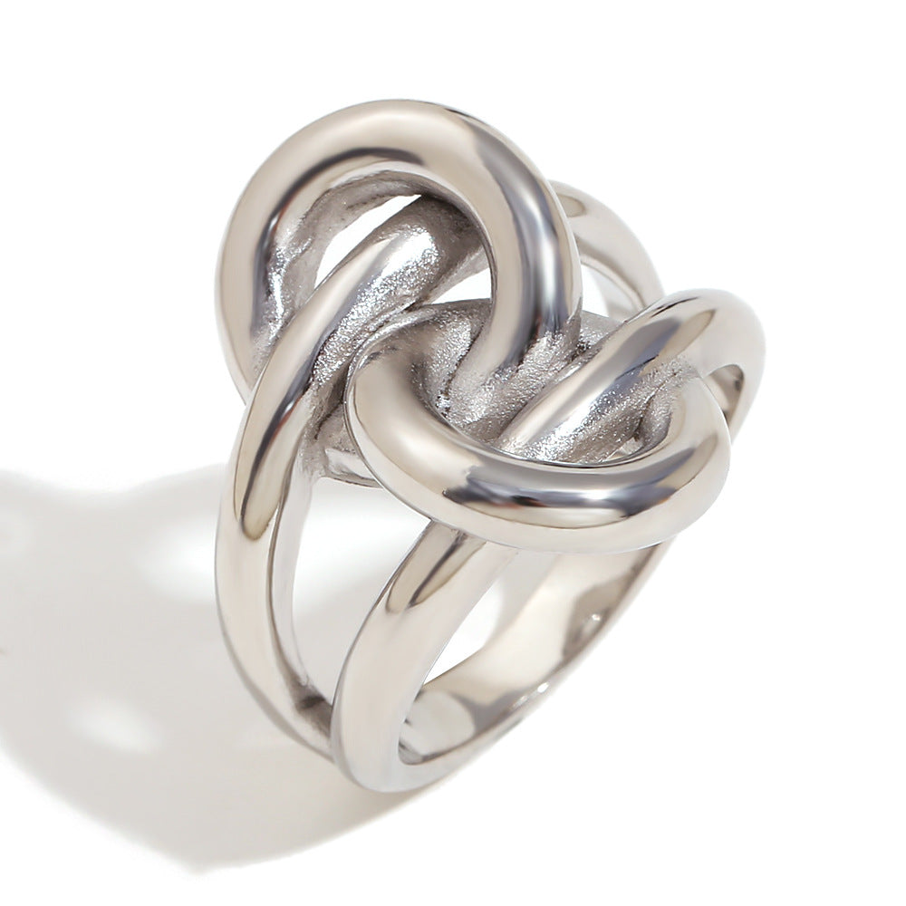 Niche Design White Diamond Flower Hand-Decorated Stainless Steel 18K Gold-Plated Conch Double-Layer Knotted Ring