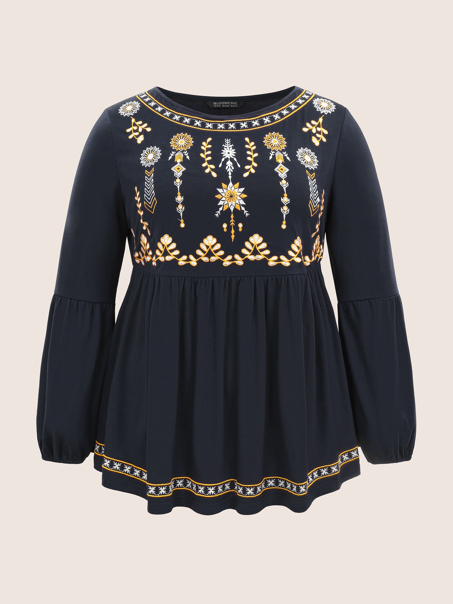 Bandana Embroidered Round Neck Lantern Sleeve T-shirt