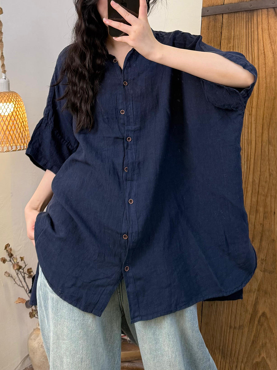 Women Summer Retro Pure Color Turn-down Collar Linen Shirt