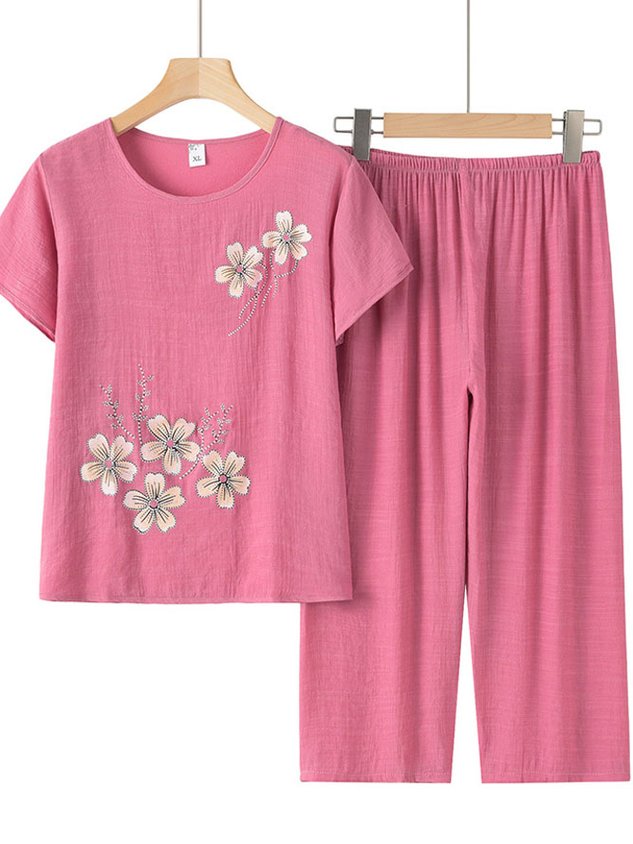 Casual Loose Floral Crew Neck Two-Piece Set