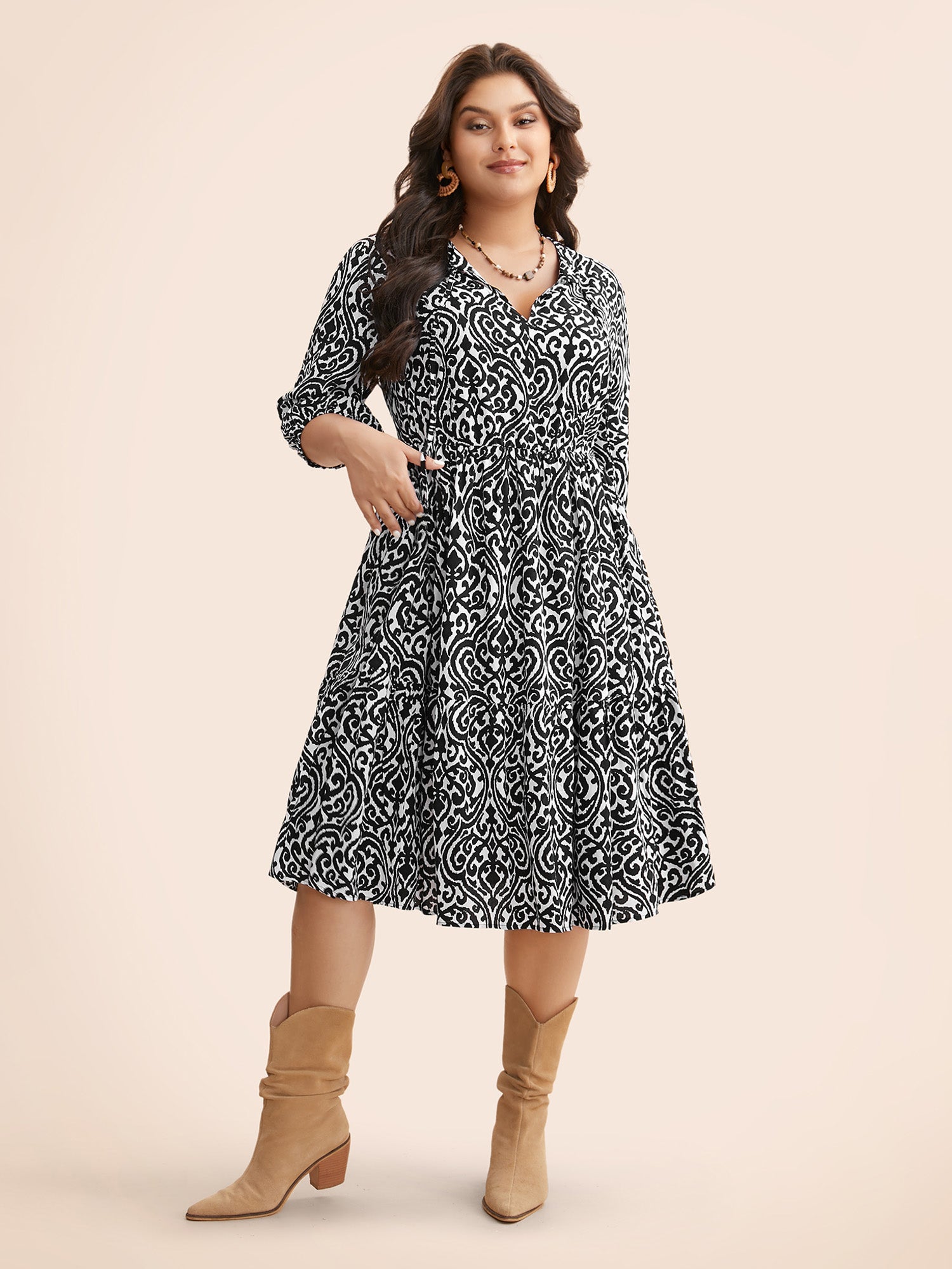 Boho Print Tie Knot Puff Sleeve Dress