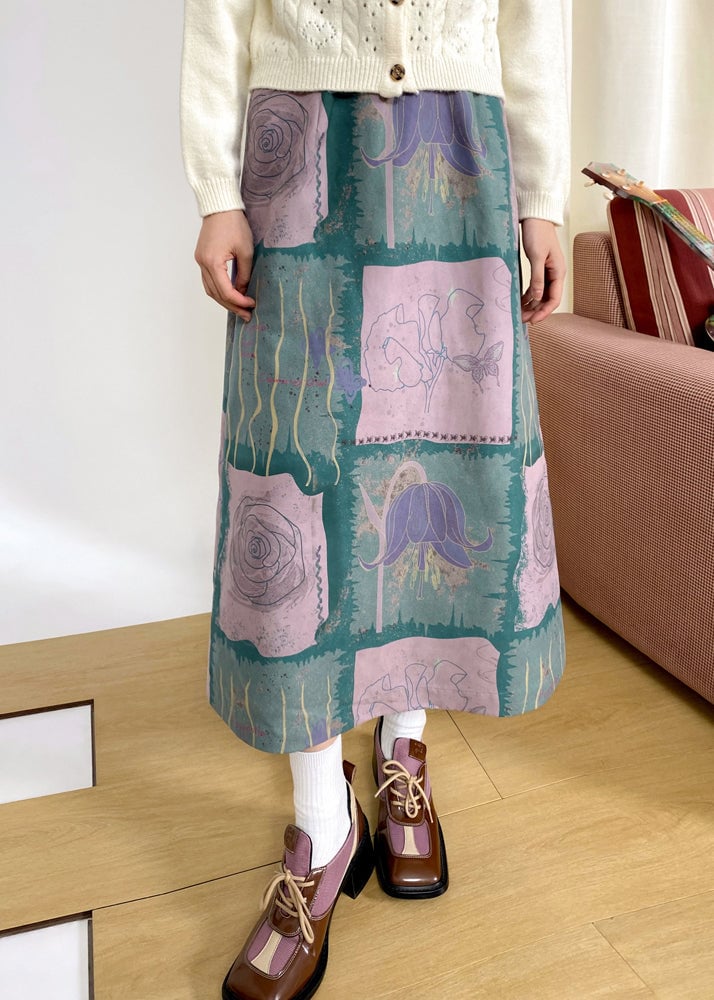 Slim Fit Blue Print High Waist Cotton Skirt Spring