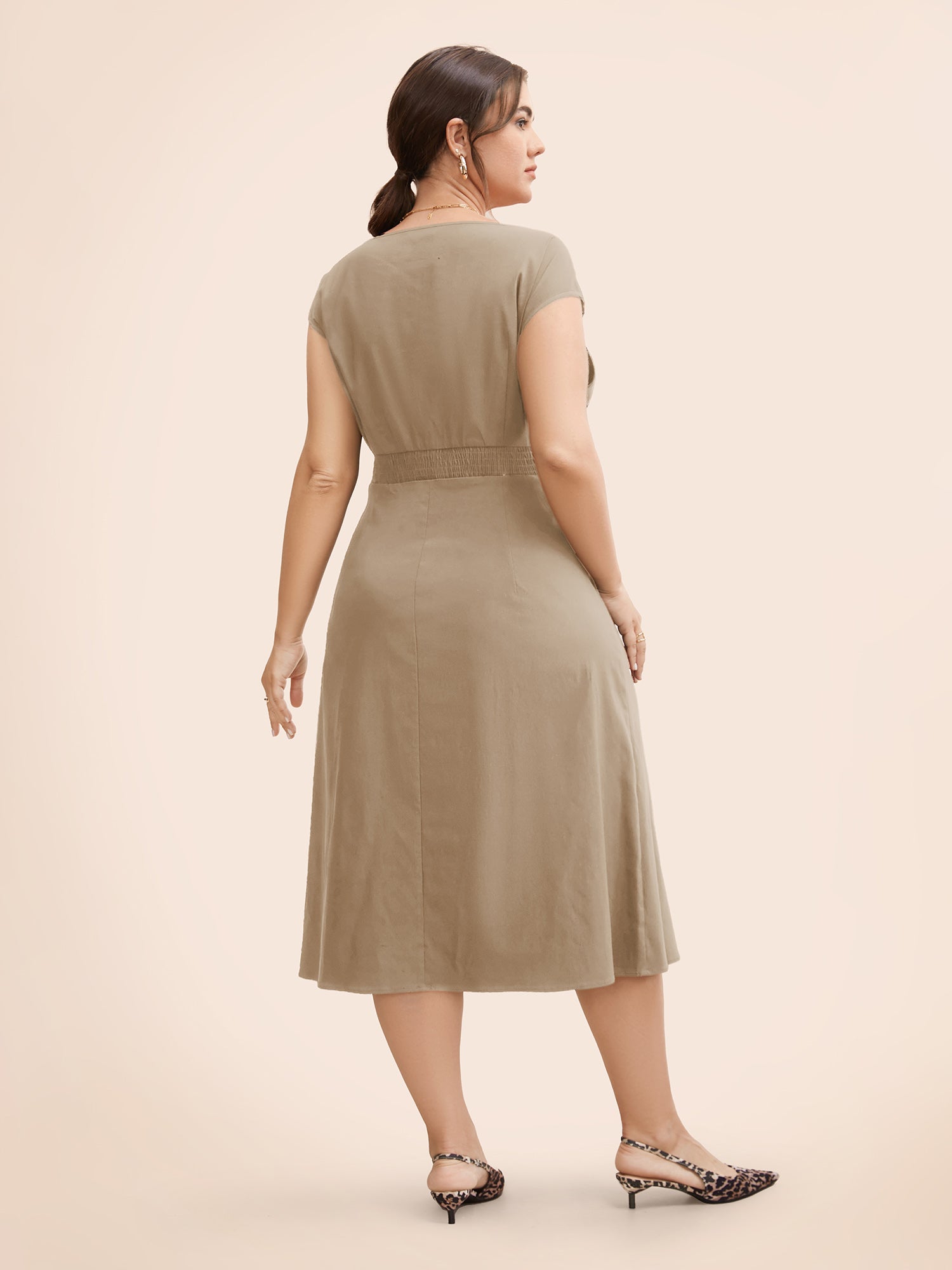 Stretch Woven Cowl Neckline Midi Dress