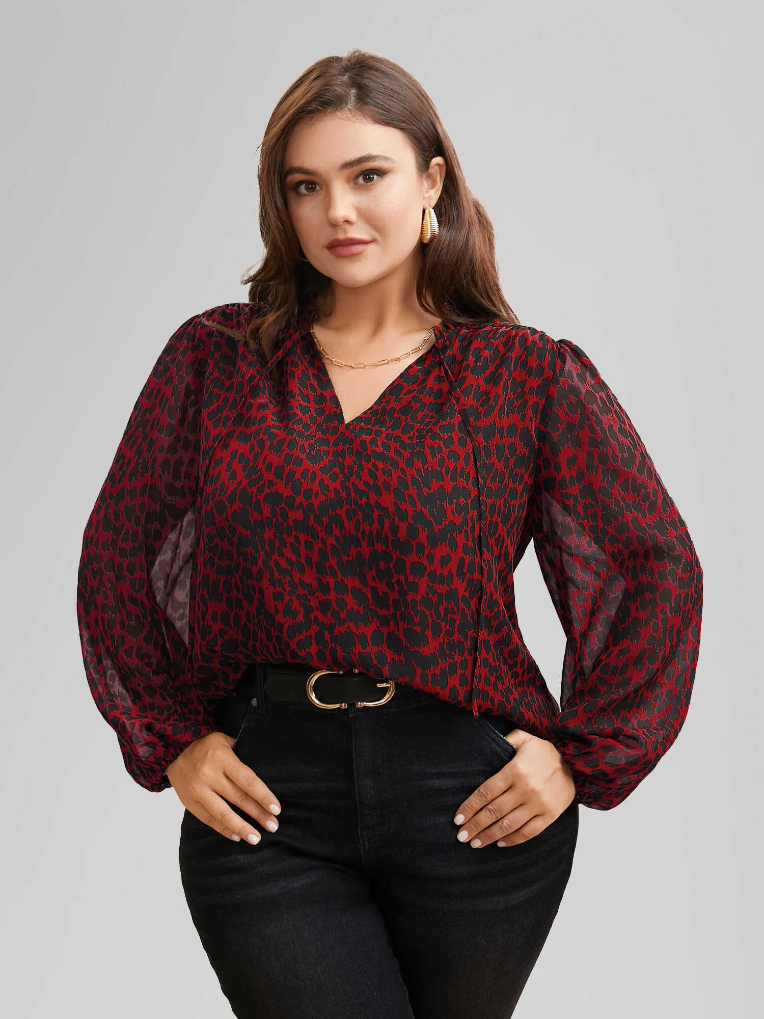 Leopard Print Tie Knot Lantern Sleeve Blouse