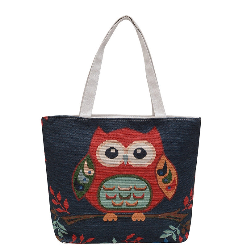 Women's Canvas Owl Classic Style Sewing Thread Square Open Tote Bag