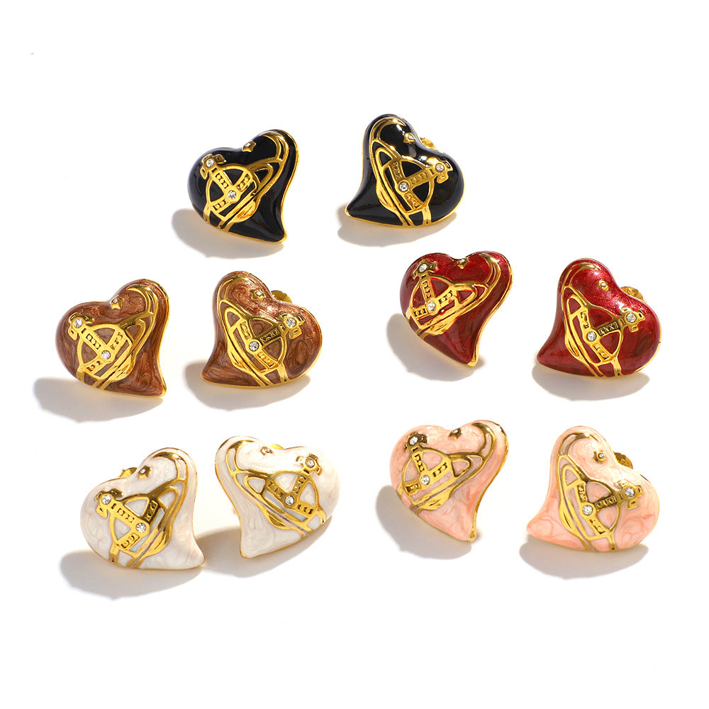 Fashionable Planet Love Earrings With Diamonds Small And Exquisite Oil-Drop Stainless Steel Earrings For Women