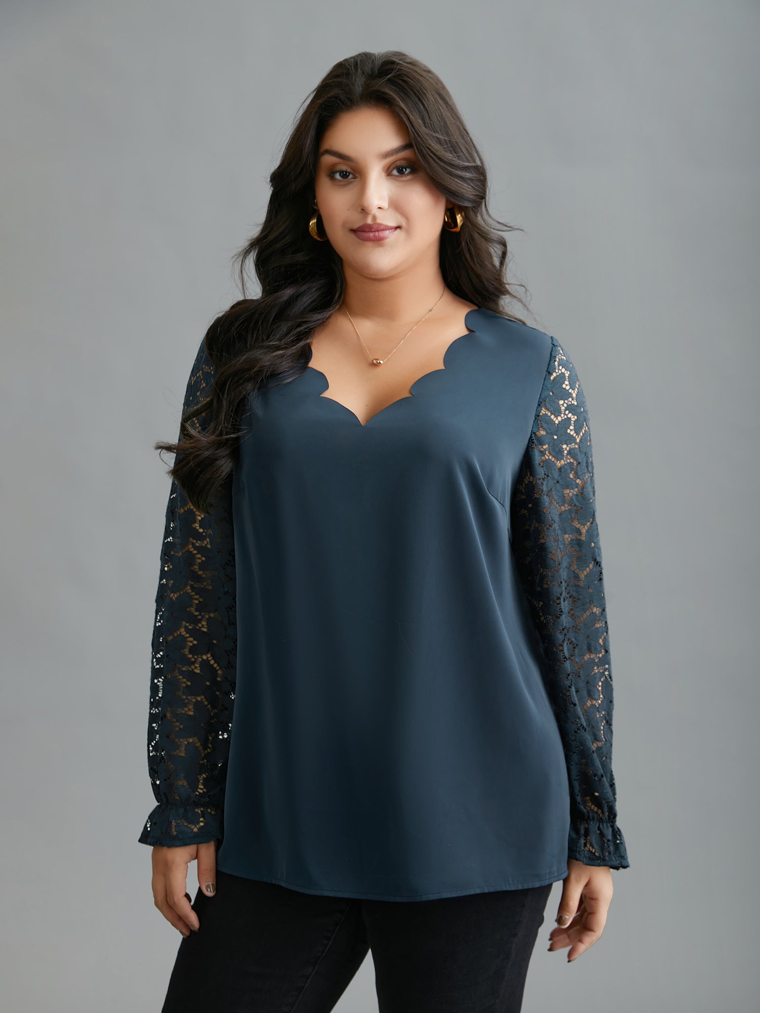 Sheer Floral Sleeve Scalloped Neck Shirt