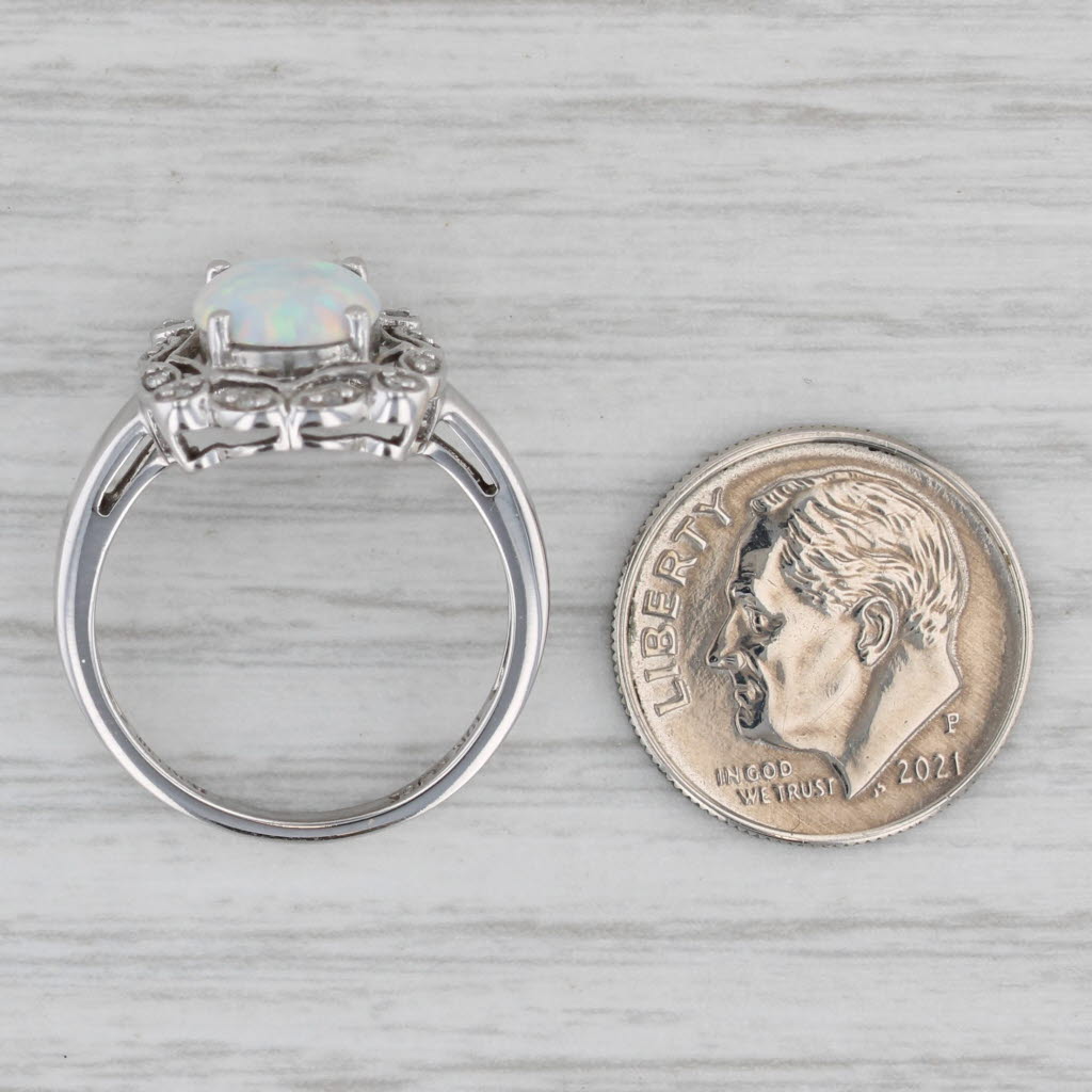 Lab Created Opal Diamond Halo Ring 10k White Gold Size 7.25 Oval Cabochon