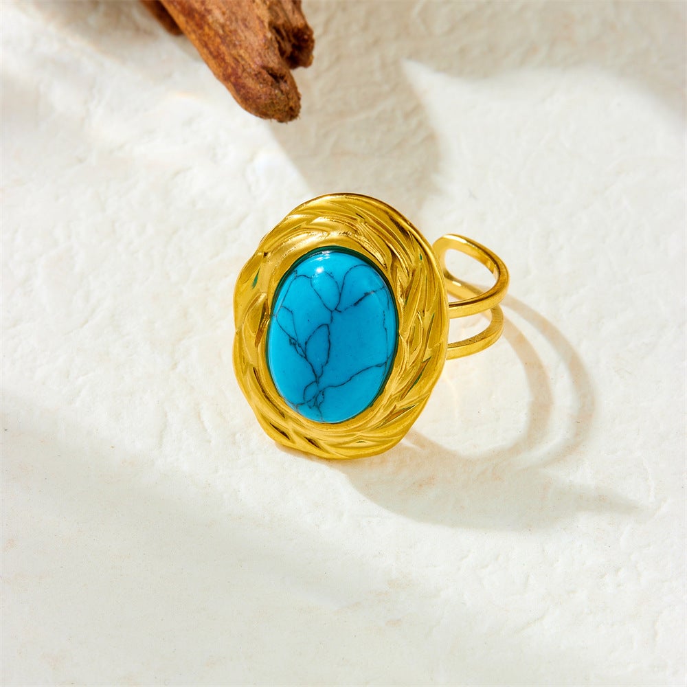 Fashion Retro High-End Open Adjustable Line Oval Inlaid Blue Turquoise Accessories Stainless Steel Ring