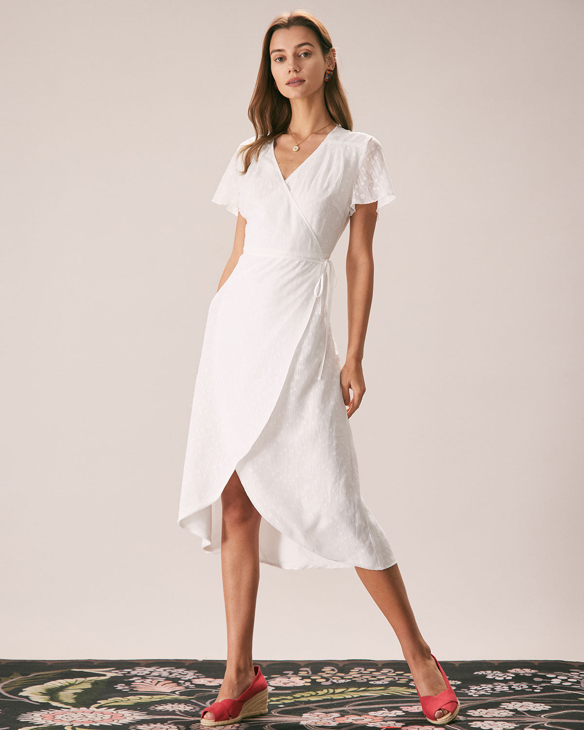 The White V Neck Dobby Mesh Midi Dress