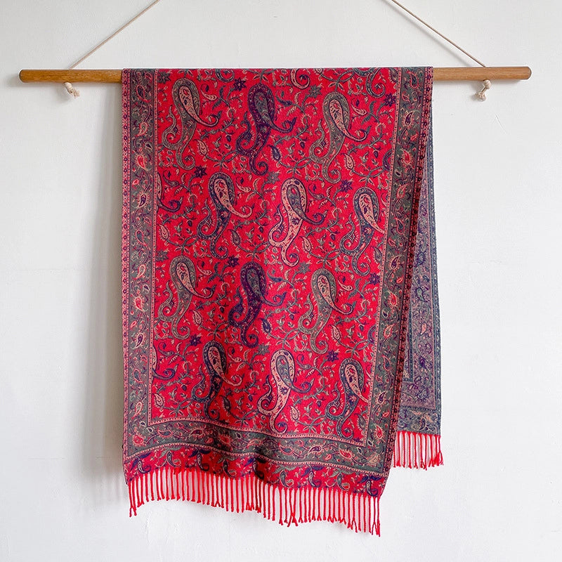 New Ethnic Style Vintage Tassel Shawl Autumn And Winter External Dual-Use Scarf Women's Travel Vacation Photo Cape