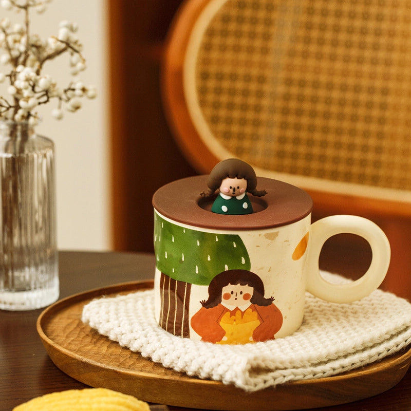 Vintage Girl's Dinner Plate Cute Plate Household Ceramic Plate Cartoon Plate Rice Bowl Small Bowl Mug With Lid
