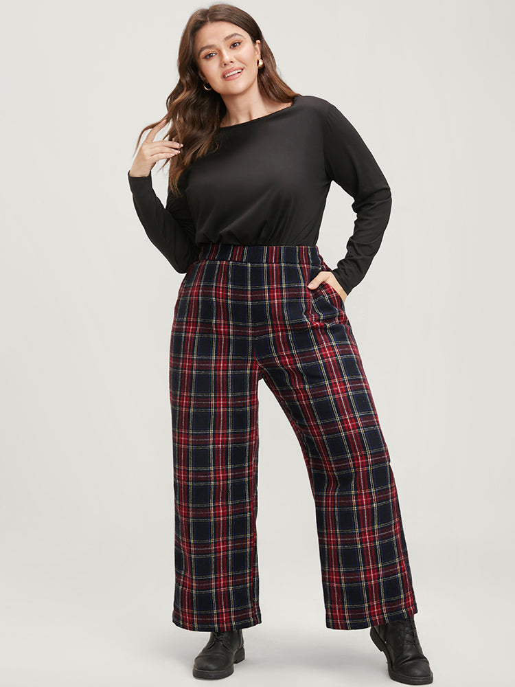 Plaid Elastic Waist Pocket High Rise Pants