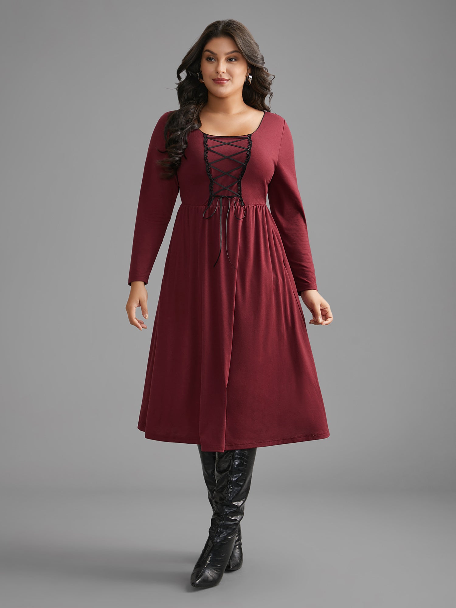Square Neck Lace Panel Lace Up Dress