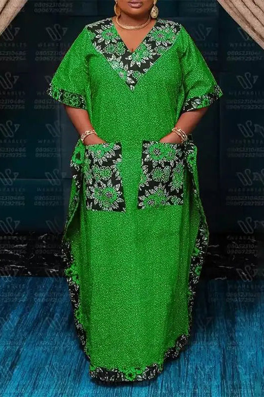 Vintage V-Neck Short Sleeve Printed Fashion Casual Pockets Loose Maxi Dress