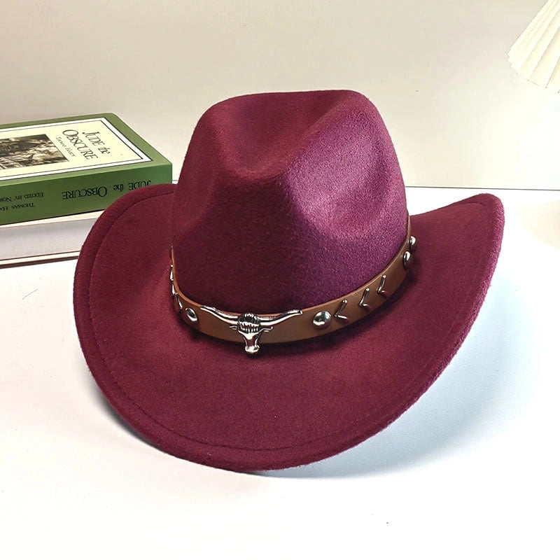 Autumn And Winter Woolen Denim Jazz Felt Hat For Men And Women Cow Head Mark Curled Top Hat Tibetan Sunshade Sunscreen Hat