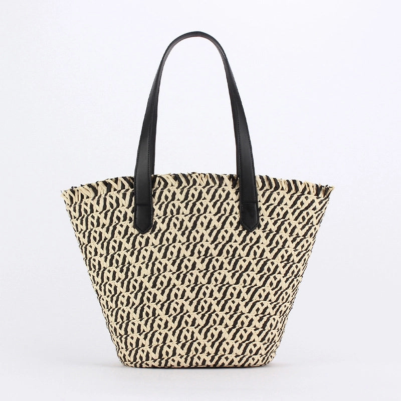 Women's Large Straw Geometric Vacation Bucket Zipper Straw Bag