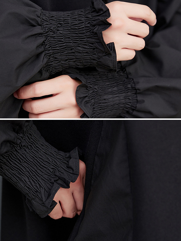 Loose Puff Sleeves Pleated Solid Color Split-Joint Round-neck Midi Dresses