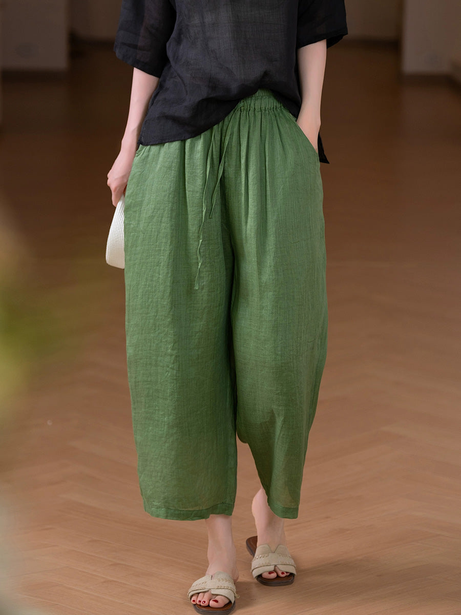 Women Summer Pure Color 100%Ramie Wide-leg Pants