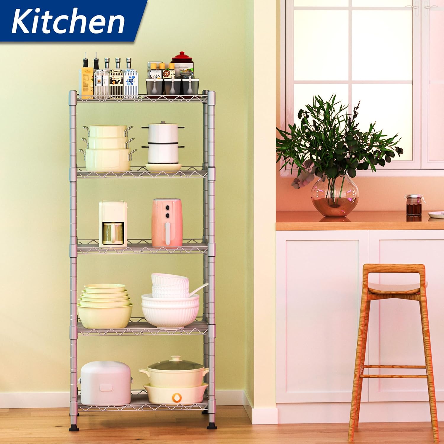 REGILLER 5-Wire Shelving Metal Storage Rack Adjustable Shelves,Standing Storage Shelf Units for Laundry Bathroom Kitchen Pantry Closet(Black,11.8