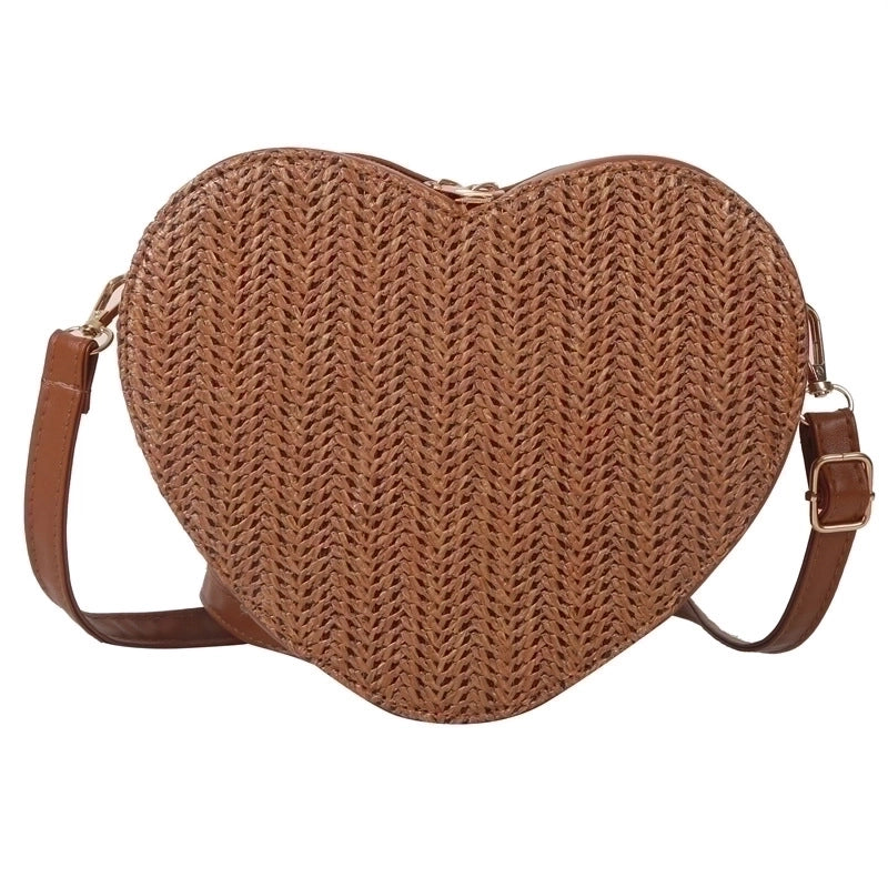 Women's Small Straw Solid Color Fashion Weave Heart-shaped Zipper Crossbody Bag
