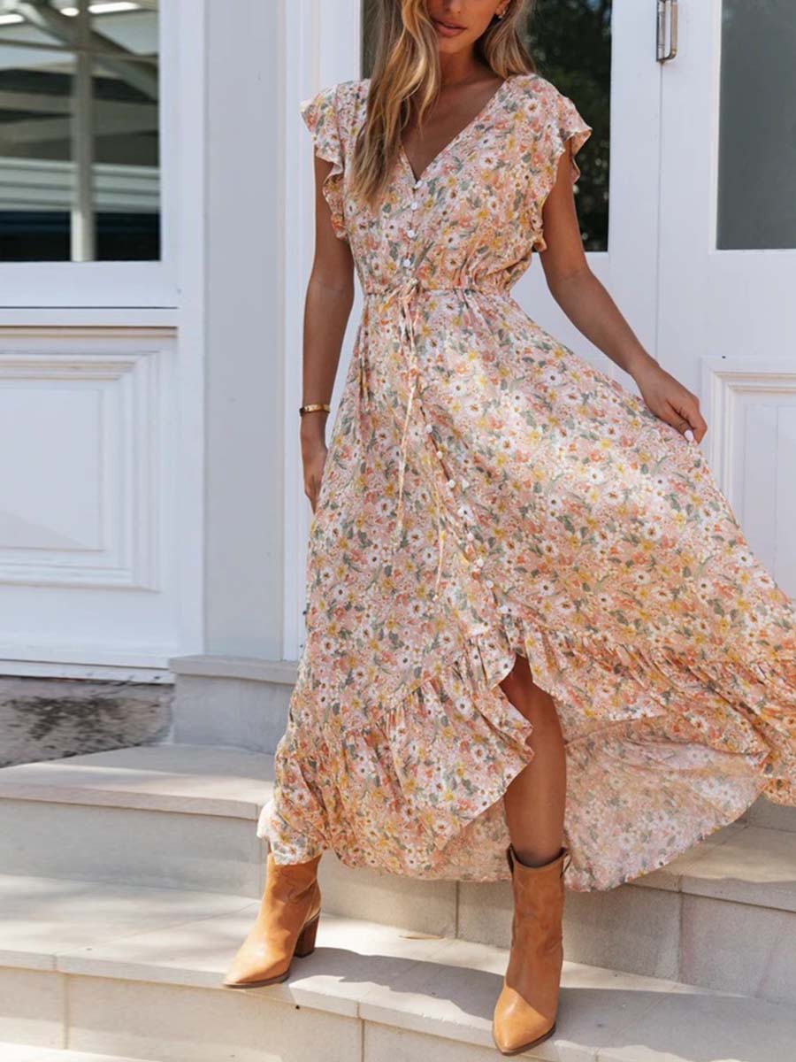 V-neck Print Irregular Dress