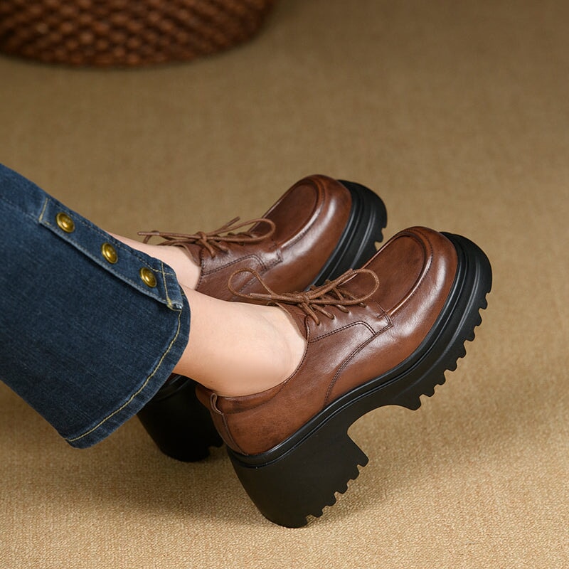 British Style 75mm Chunky Platform Leather Lace-Up Oxford Shoes in Black/Brown