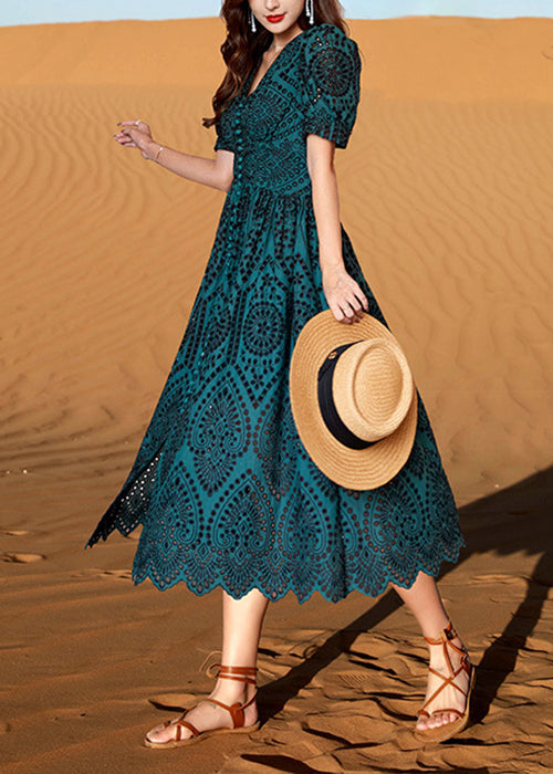 Elegant Blackish Green V Neck Hollow Out Cotton Dresses Summer