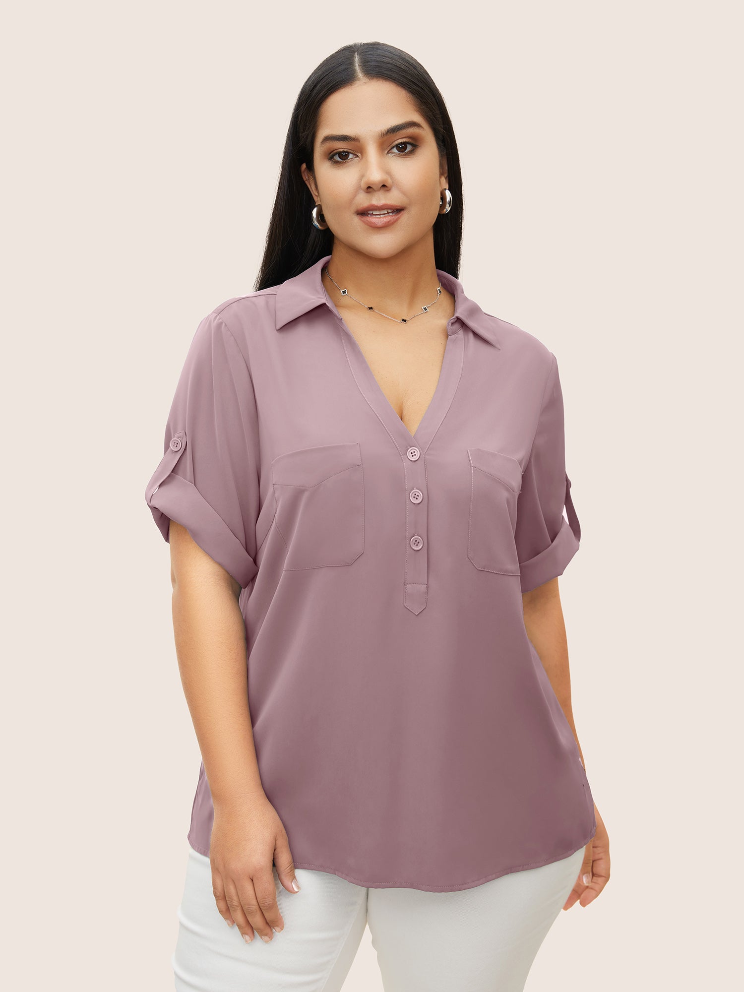 Anti-Wrinkle Shirt Collar Patched Pocket Tab Sleeve Blouse