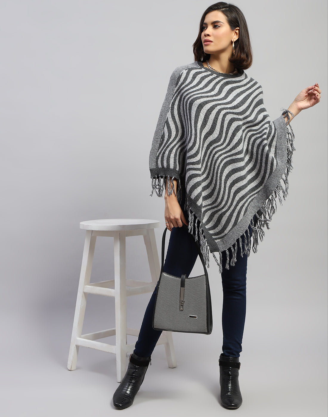 Women Grey Self Design Round Neck  Poncho