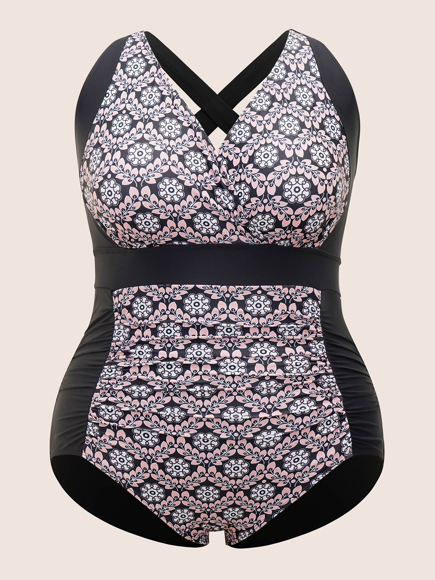 Overlap Collar Boho Print Patchwork One Piece Swimsuit