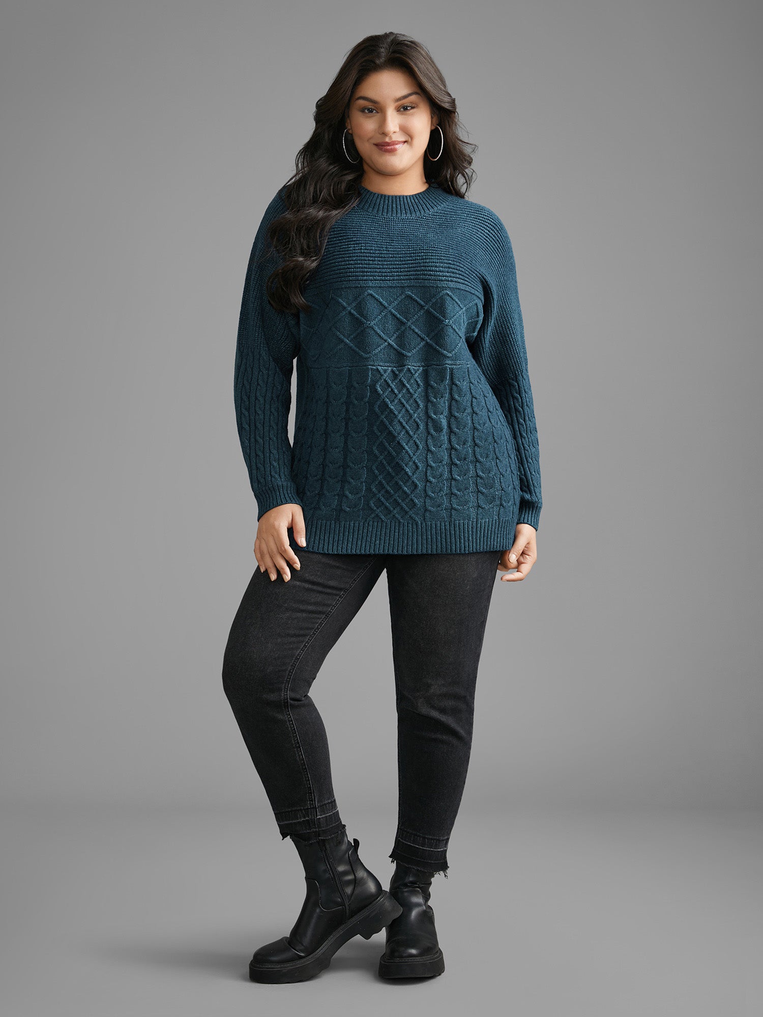 Cable Knit Texture Drop Shoulder Sleeve Pullover