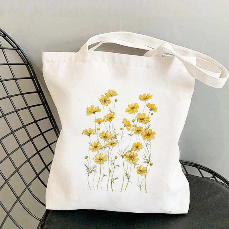 Women's Medium Canvas Flower Basic Classic Style Square Open Canvas Bag