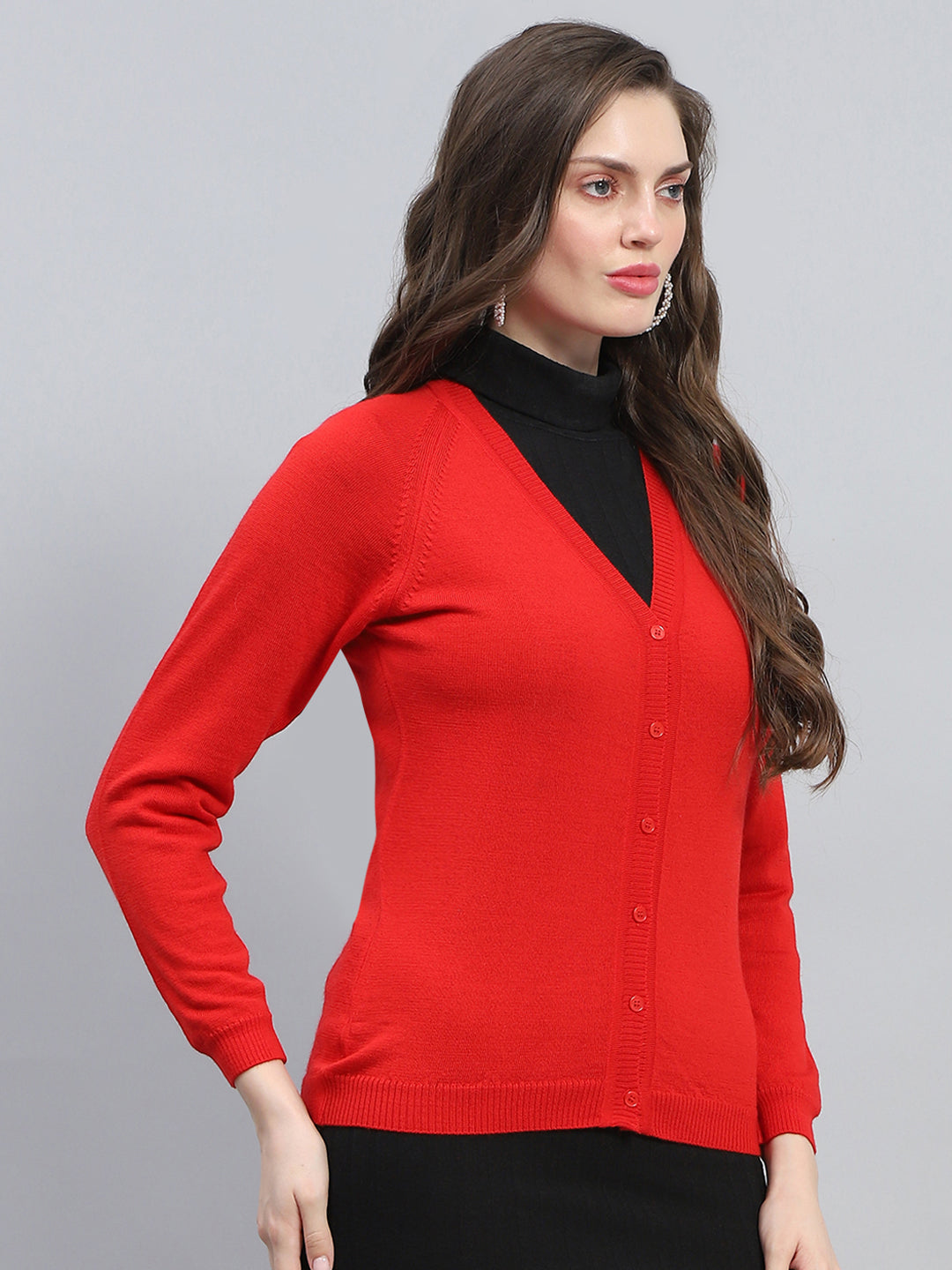 Women Red Solid V Neck Full Sleeve Cardigan