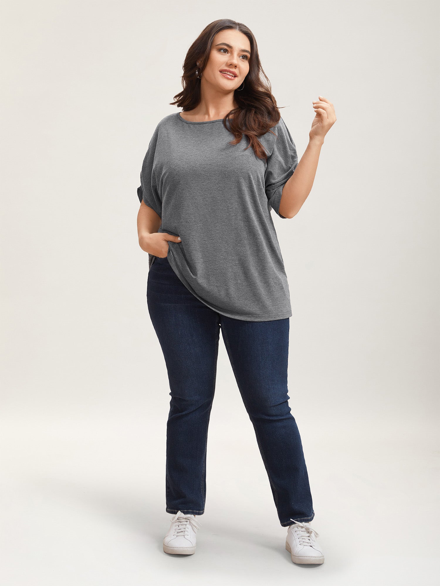 Stretchy Solid Color Gathered Sleeve T-Shirt