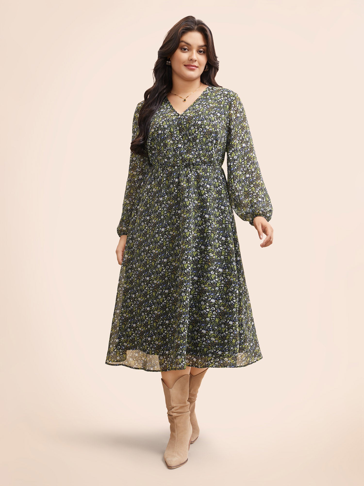 Ditsy Floral Overlap Collar Midi Dress