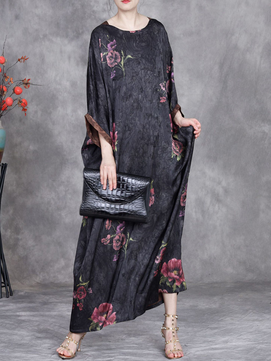 Women Summer Vintage Flower Batwing Sleeve O-Neck Loose Dress