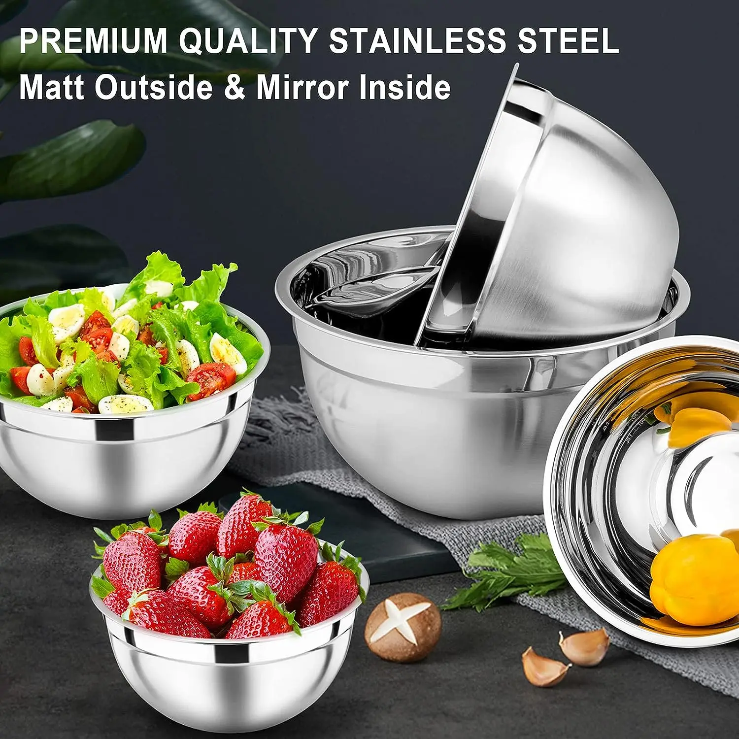 5-PIECE STAINLESS STEEL MIXING BOWLS SET WITH AIRTIGHT LIDS NESTING SALAD BOWLS